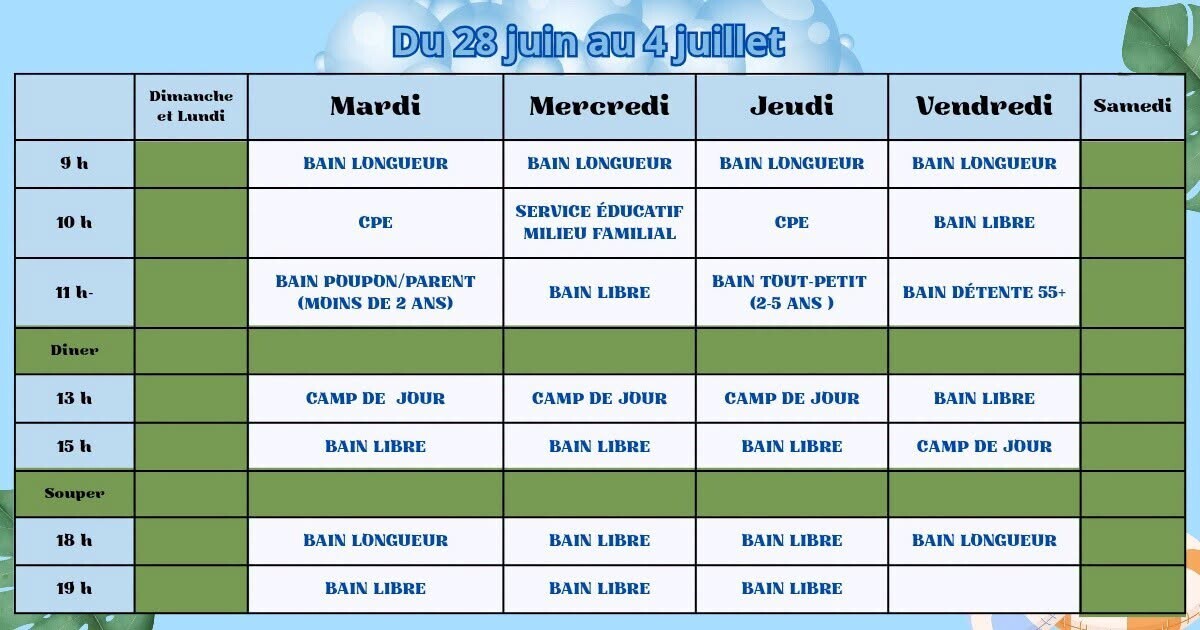 Horaire camp de jour Horaire